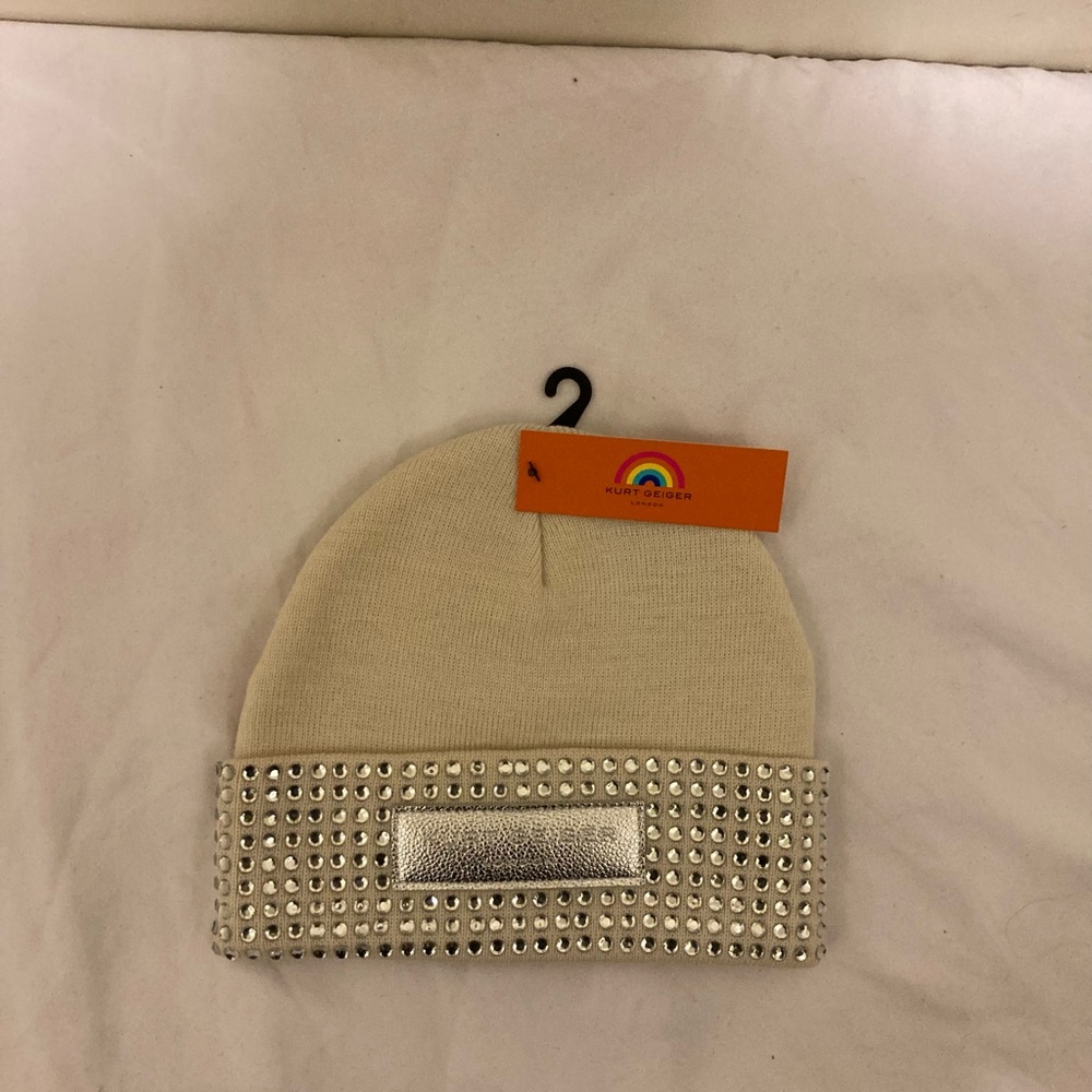 Kurt Geiger Cream Beanie with Metallic Stud Accents